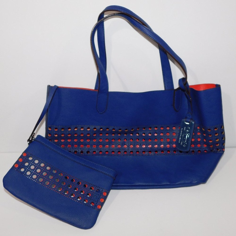 Lauren Ralph Lauren Leighton Shopper Beach Tote Bag w Matching Wristlet Blue Red